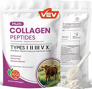 VEV Multi Collagen Peptides Peptides Powder, 16 oz (41 σερβιρίσματος) – Type I, II, III, V, X, Hydrolyzed Collagen, Hyaluronic Acid Power, Biotin, Vitamin C, Υποστηρίζει το δέρμα, Unflaved, Διαλύει εύκολα