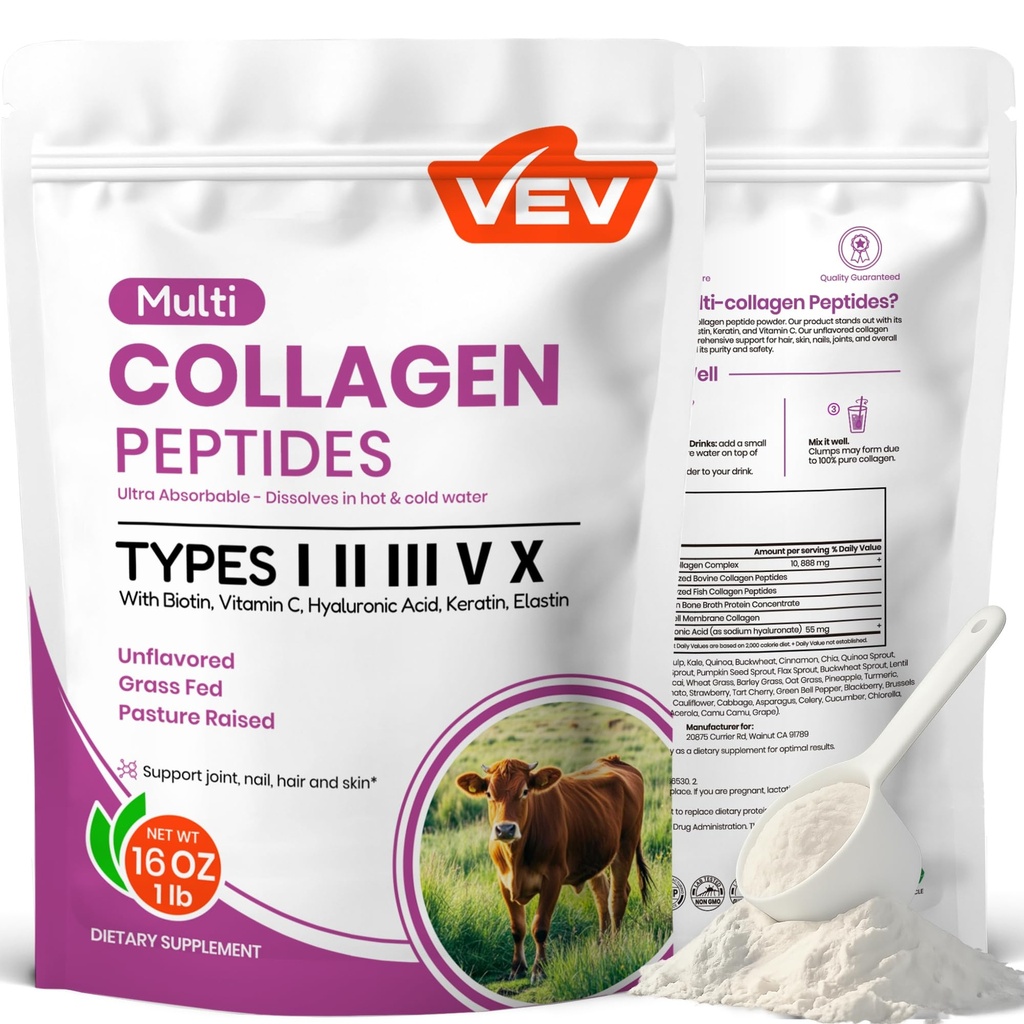 VEV Multi Collagen, Toz, 16 oz (41 Hizmet) - Tip I, II, III, V, X, Hydrolyzed Collagen, Hyaluronic Acid Power, Biotin, C vitamini, Supports Skin, Unflavored, Dissolves