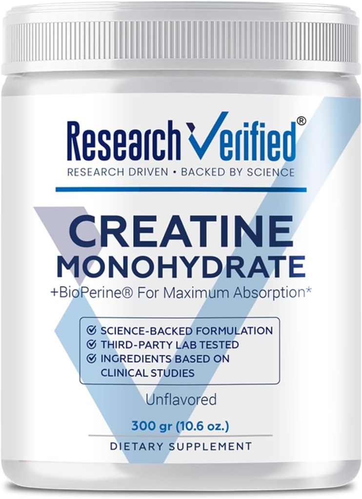 Έρευνες Επαληθευμένο Monohydrate Creatine Monohydrate - Υποστήριξη Βέλτιστη ανάπτυξη των μυών, Ενίσχυση της απόδοσης - 5000mg Creatine Monohydrate - BioPerine - 60 εξυπηρετήσεις - Χωρίς γεύση - Vegan