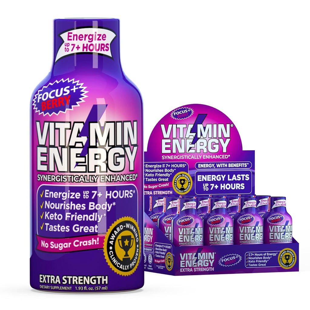 Enerji Focus+ Ekstra Güçlü Enerji Shot 4 Pack, 260 mg Natural Caffeine, B-Vitamins, CoQ10, Amino Asits, Focus, Verimlilik & Clarity, Zero Sugar, Gluten-Free, 1.93 fl oz