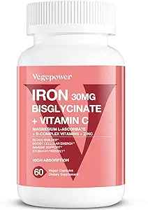 Διγλυκινικός σίδηρος, 30mg Vegan Σιδήρου συμπλήρωμα για γυναίκες & άνδρες, Χηλική με βιταμίνη C, B12, Φολικό οξύ - Χάπια σιδήρου για αναιμία, υψηλή απορρόφηση, χωρίς γλουτένη, μη GMO - 60 κάψουλες