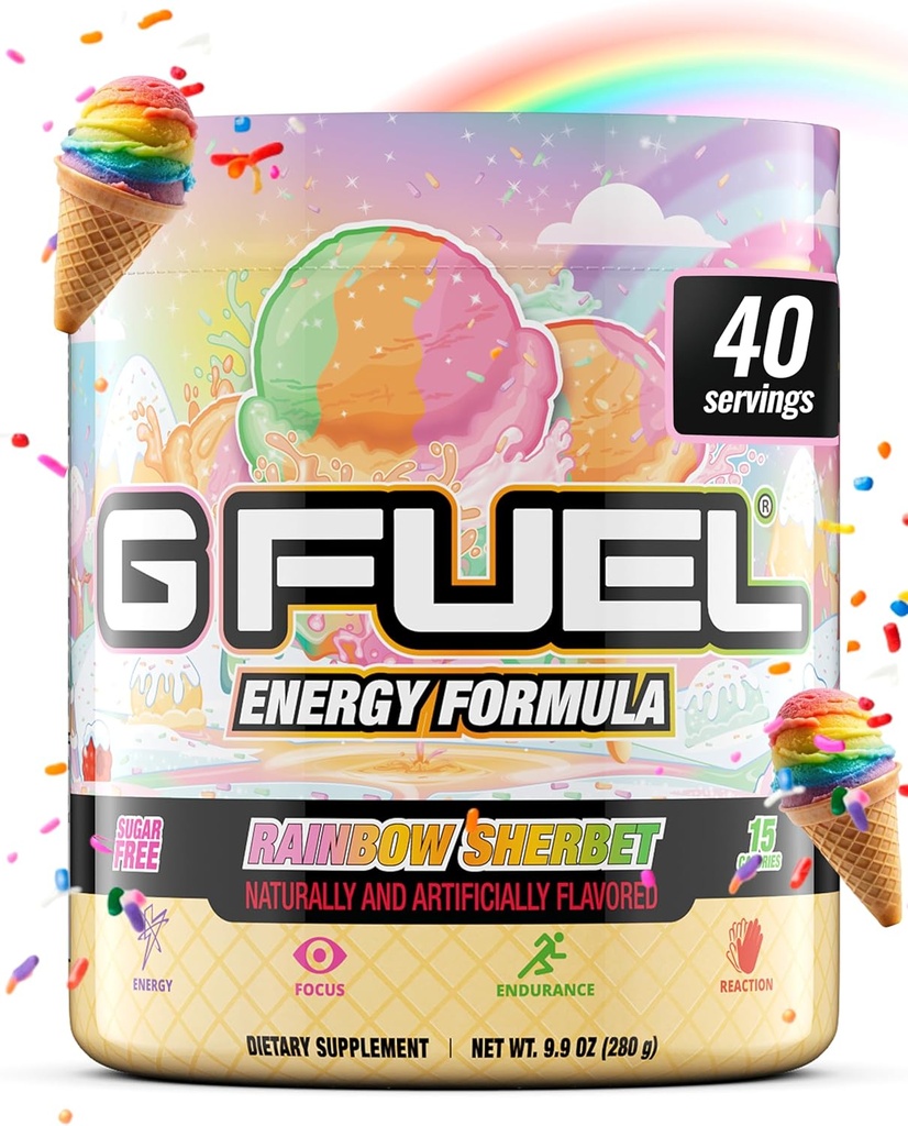 G Καύσιμα Rainbow Sherbet Energy Drink Powder, Pre Workout Caffeine Mix for Gaming, Sugar Free Focus Amino, Βιταμίνη + Αντιοξειδωτικά, 9.9oz (Ουράνιο τόξο Sherbet, 40 Servings)
