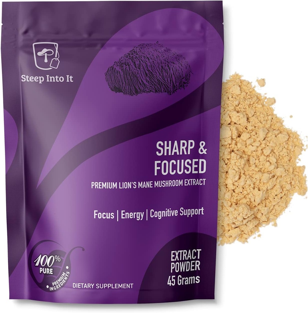 Organic Lions Mane Mushroom Supplement - Lions Mane Extract Powder for Mental Clarity, Focus and Cognitive Function (45g, 30 Servings) - Sharp & Focused