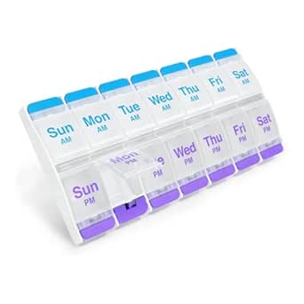 EZY DOSE Push Button (7-Day) Pill Case, Medicine Planner, Daily Vitamin Organizer, 2 φορές την ημέρα AM/PM, X-Large Compartments, Αρθρίτιδα Φιλικό, Εύκολο στη χρήση, Καθαρές Λίδες, Μωβ και Μπλε, BPA Δωρεάν