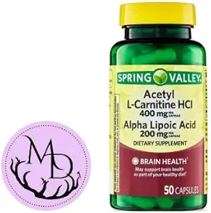 Genric Acetyl L-Carnitine HCI 400 mg + Alfa Lipoic Acid 200 mg Capsules Spring Valley, 50 Count + Style Dri Store