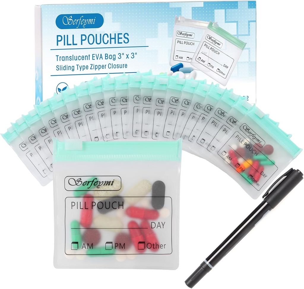 Serfeymi 32 Pcs Zippered Pill Pouches Organizer Πλαστικά Τσάντες 3 X 3 Inches 12 εκατ. Self Σφραγίζοντας με Slide Lock Writable Travel Medicine Θήκη Αποθήκευση Τσάντα και 1 τεμ Marker-Πράσινη
