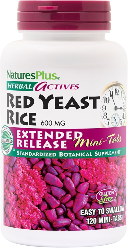 NaturesPlus Herbal Actives Red Yeast Rice, Genişletilmiş Yayın - 600 mg, 120 Mini Tablet - Herbal Supplement - Vegan, Vegetarian, Gluten-Free - 60 Hizmetler