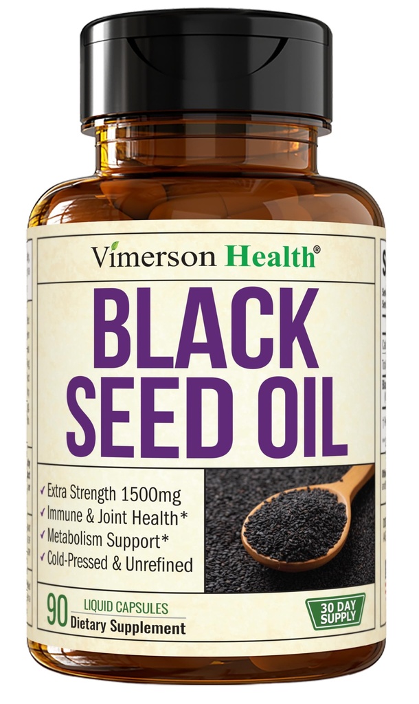 Black Seed Oil - Cold Pressed Black Seed Oil Capsules - Vitamin E & Omega 3 6 9 - Immune & Ortak Destek, Antioksis, Digestion, Hair Skin Nails - Vegan 90 Caps