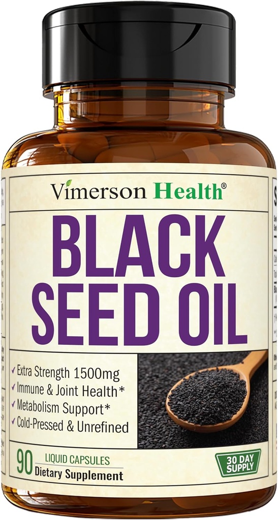 Black Seed Oil - Cold Pressed Black Seed Oil Capsules - Vitamin E & Omega 3 6 9 - Immune & Ortak Destek, Antioksis, Digestion, Hair Skin Nails - Vegan 90 Caps
