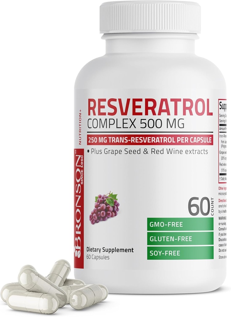 Bronson Resveratrol 500 Kompleks Trans-Resveratrol + Grape Tohum & Red Wine Extract, 60 Capsules