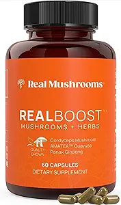 Real Mushrooms RealBoost Κάψουλες – Cordyceps Mushroom, Panax Ginseng & Guayusa Extract – για τη συνολική ευεξία και την ενεργειακή υποστήριξη – Vegan, μη-GMO, χωρίς πληρωτικά – 60 Count Mushroom συμπλήρωμα Blend