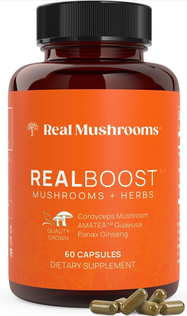 Real Mushrooms RealBoost Capsules – Cordyceps Mushroom, Panax Ginseng & Guayusa Ekstra - Genel Wellness & Enerji Desteği için - Vegan, Non-GMO, No Fillers – 60 Kont Mushroom Supplement