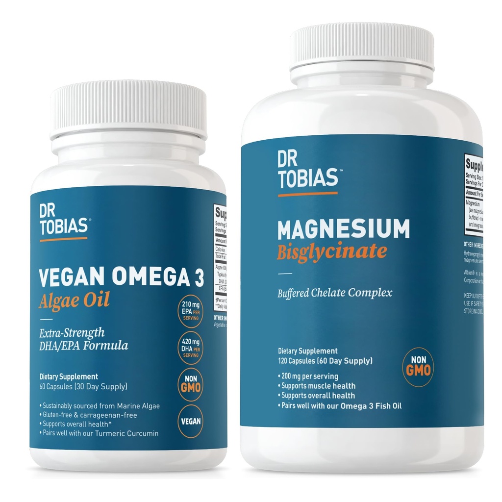 Ο Δρ Τομπάιας Vegan Omega 3 Algae Oil and Magnesium Bisglycinate, Essential Wellness Support for Heart, Brain, Mus, and Bone Health, Non-GMO, Vegan