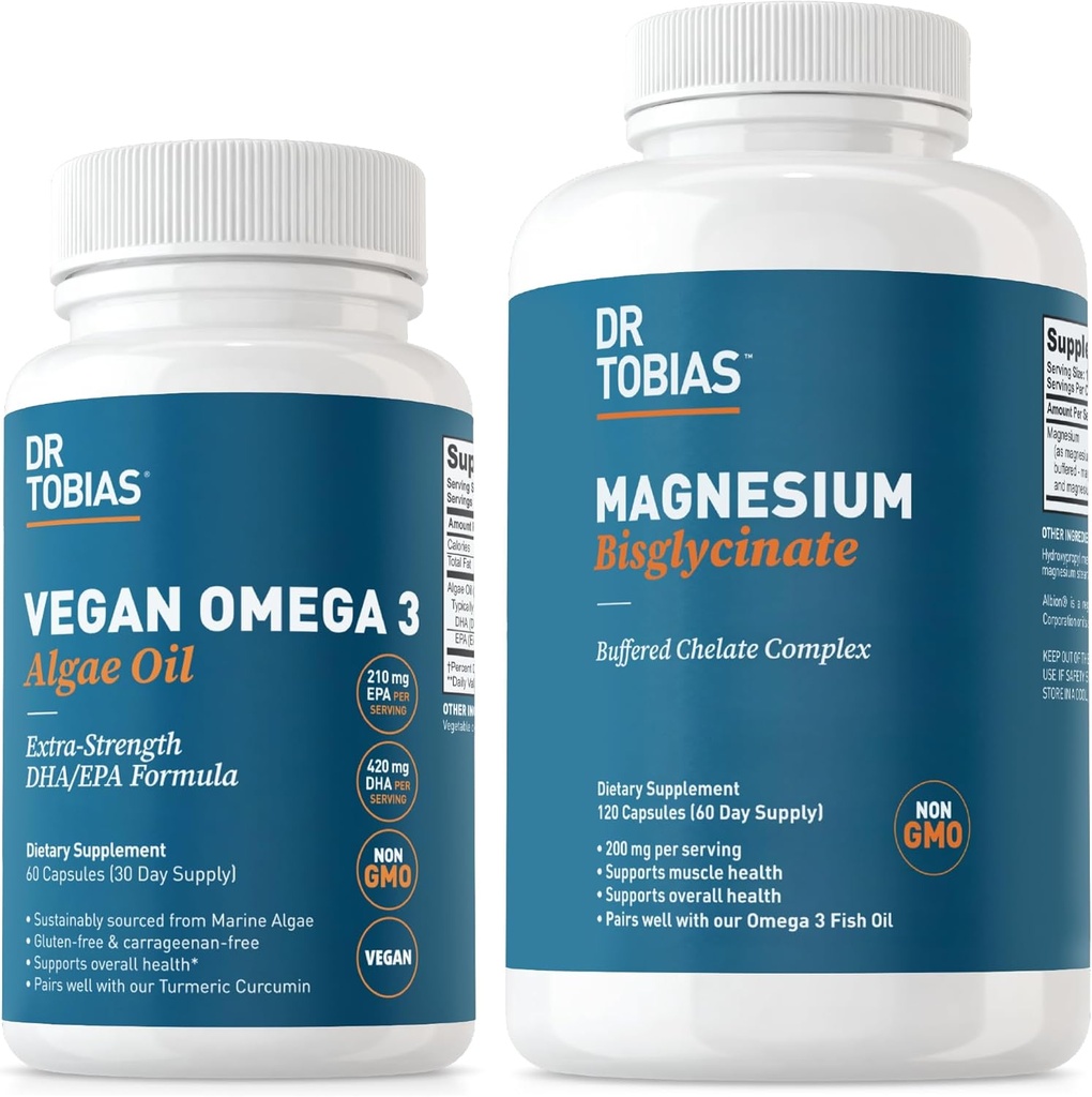 Dr. Tobias Vegan Omega 3 Algae Oil ve Magnezyum Bisglycinate, Kalp, Beyin, Kas ve Bone Health, Non-GMO, Vegan