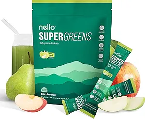 Nello Supergreens Premium Superfood Greens Drink Mix w/Chlorella, Moringa, Spinach & Broccoli + Digestive Enzymes & Probiotic Blend - Nutrient-Packed Powder Wellness (Mango Peach, 20 SRV, Travel Pack)