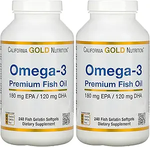 California Gold Nutrition Premium Fish Oil, Omega-3, 180 mg EPA, 120 mg DHA, Yoğun Triglyceride Form, 240 Fish Gelatin Softgels, 2 Pack EPA, 120 mg DHA, Interd Triglyceride Form, 240 Fish Gelatin Softgels, 2 Pack