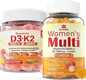 Sugar-Free Vitamin D3 K2 Filled Gummies + Multivitamin for Women Gummies