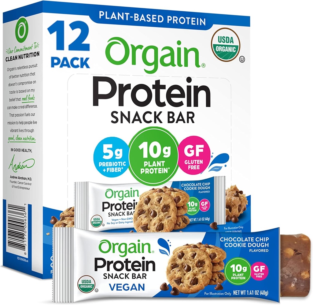 Orgain Organic Vegan Protein Bars, Chocolate Chip Cookie Dough - 10g Πρωτεΐνη με βάση το φυτό, Χαμηλή θερμίδες Υγιεινά σνακ, Όχι Λακτόζη ή συστατικά σόγιας, Χωρίς γλουτένη, Μη ΓΤΟ - 1.41 Oz (Pack of 12)