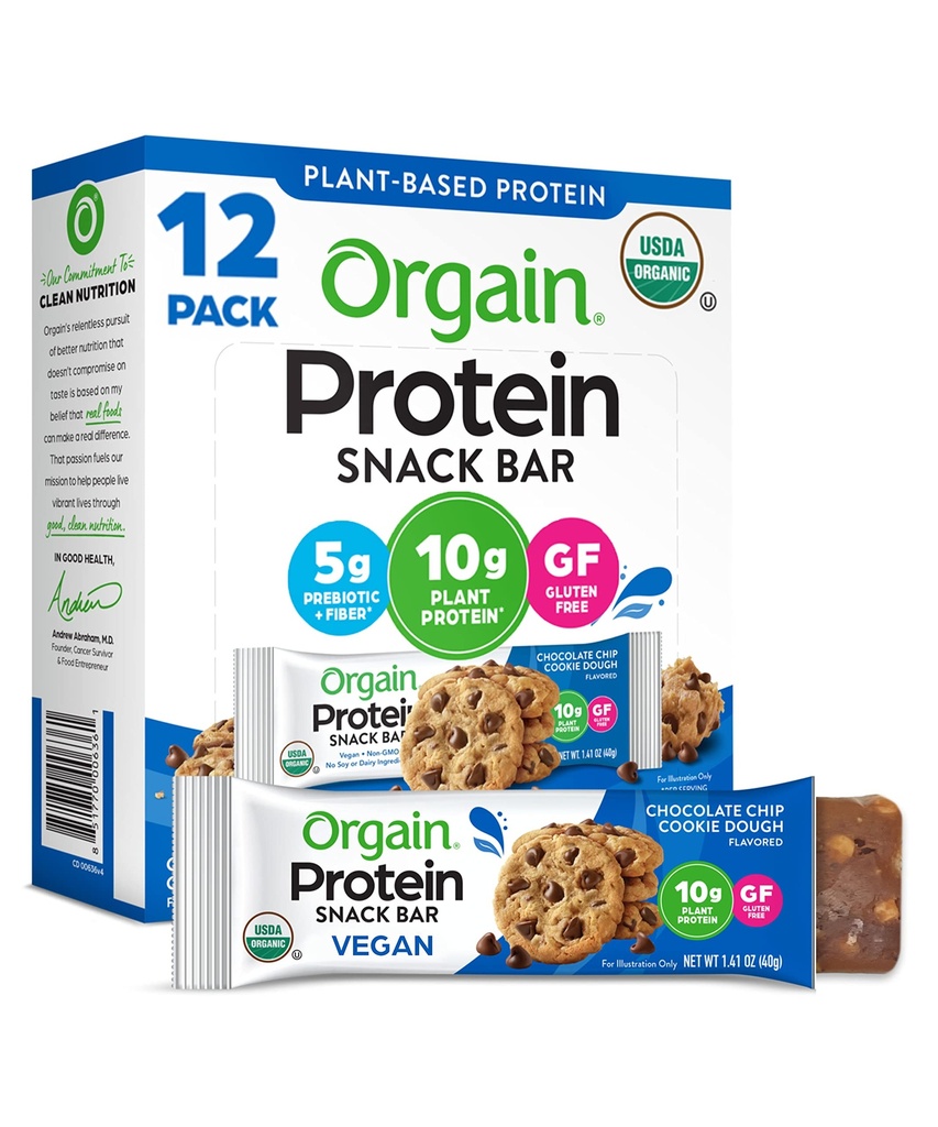 Orgain Organic Vegan protein Bars, Chocolate Chip Cookie Dough - 10g Plant Temel Protein, Low Calorie Sağlıklı Snacks, No Lactose veya Soy Malzemeler, Gluten Free, Non-GMO - 1.41 Oz (Brook of 12)