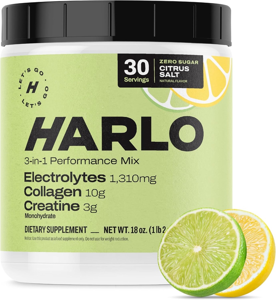 Harlo - Citrus Salt Electrolyte Drink Mix with Bovine Collagen & Tinatine - Kretine Monohidrat Toz - Enerji İçecek Toz - Pre Workout Toz - Sugar Free Energy Drinks - Post Workout Recovery