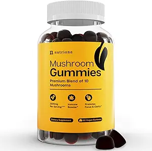 Nutriana Mushroom Gummies Supplement - Focus Gummies with Lions Mane, Shiitake, Turkey Tail, Chaga & Cordyceps - Brain Supplements for Memory and Focus - 60 Immune Support Gummies
