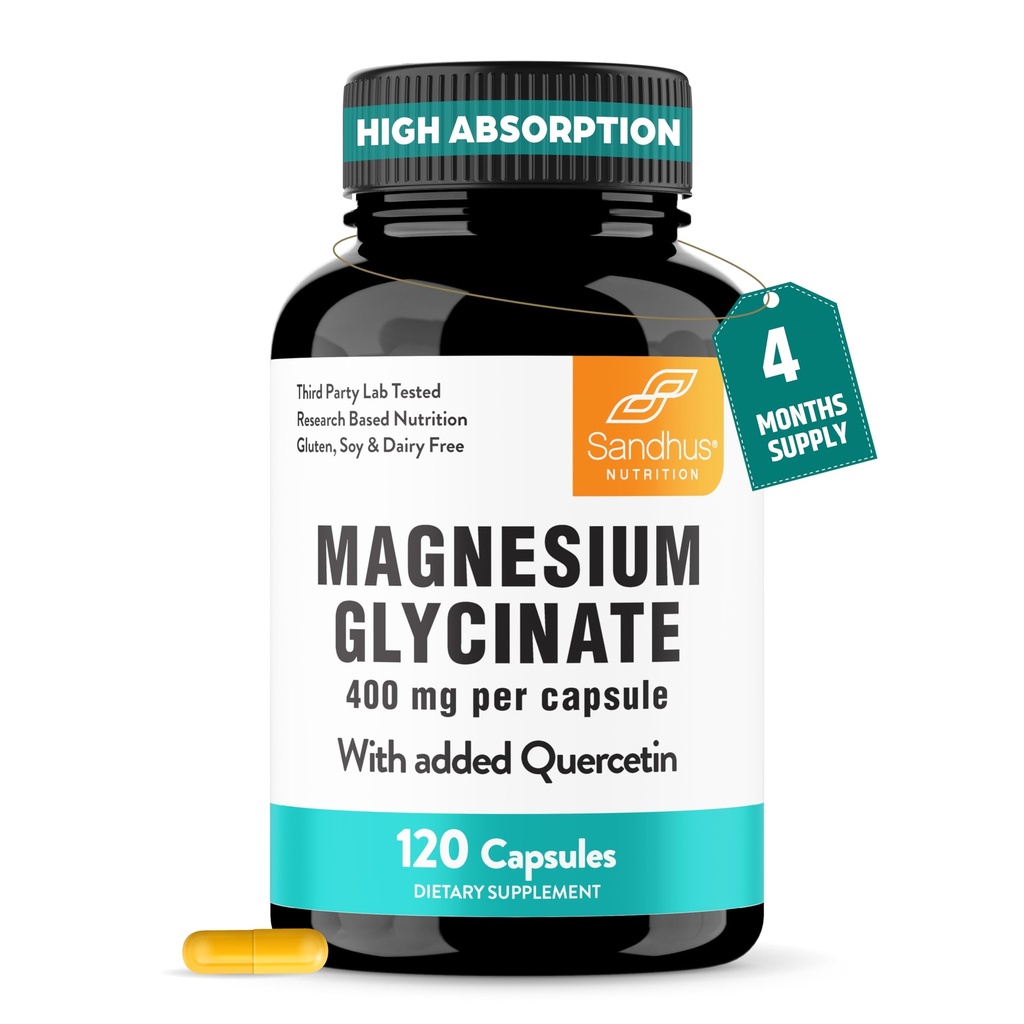 Sandhu'nun Magnezyum Glycinate 400 mg Capsules with Quercetin | Quality Sleep, Relaxation, Muscle Health & Immune Support | 120 Count (Pack of 1) | Easy to Swallow | for Women and Men