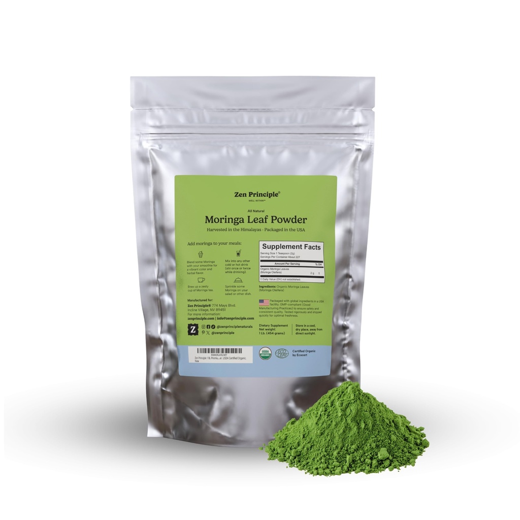 Zen Principles 1 lb. Premium Organik Moringa Oleifera Leaf Toz. USDA sertifikalı Organik.