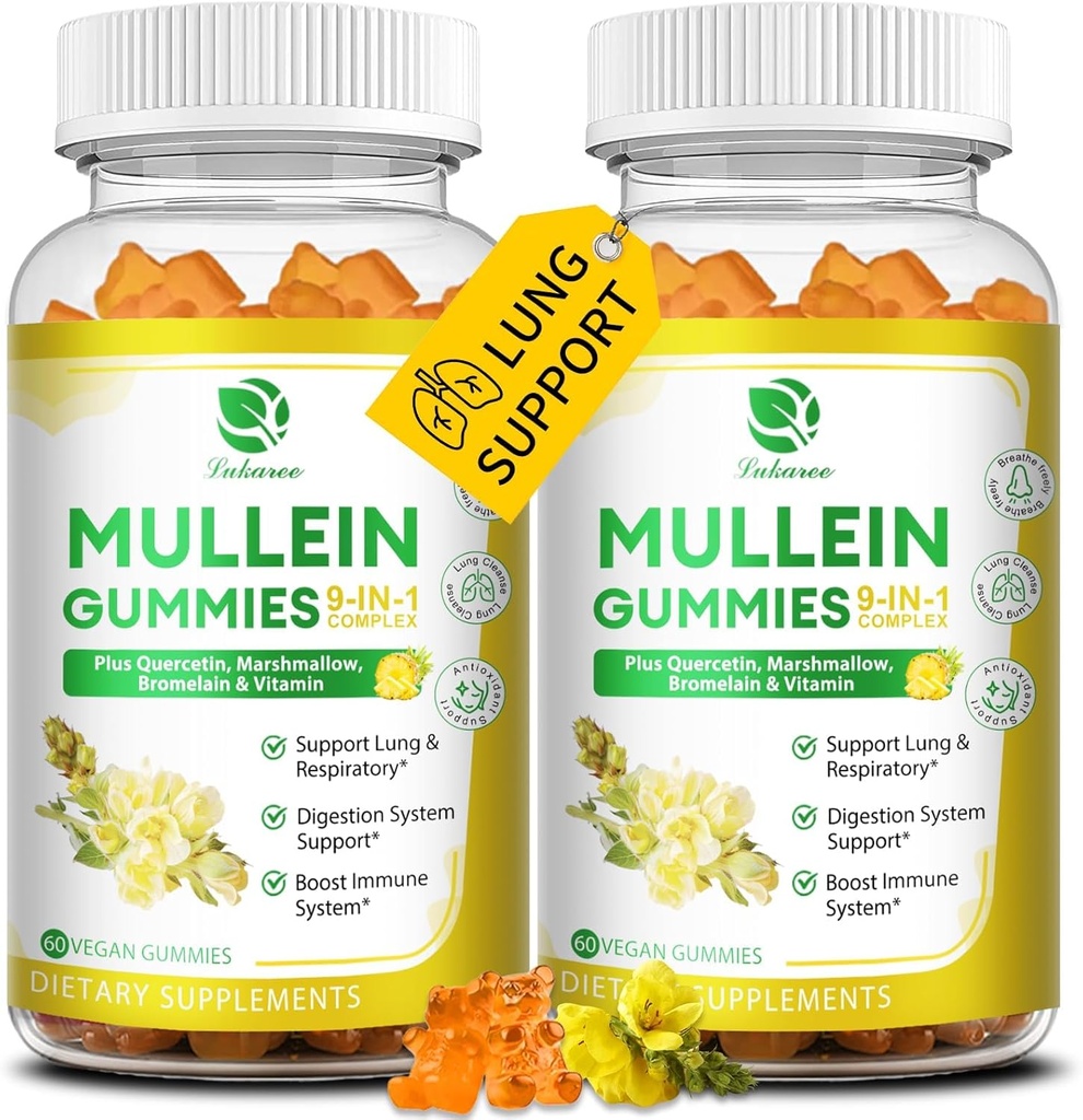 (2 Pack) 9, Lung Cleanse & Detox için 1 Mullein Gummies, Ekstra Kuvvetli Mullein Leaf Extract w/Quercetin, Bromelain, Elder & Marshmallow for Respiratory, Immune & Digestive, Vegan,120