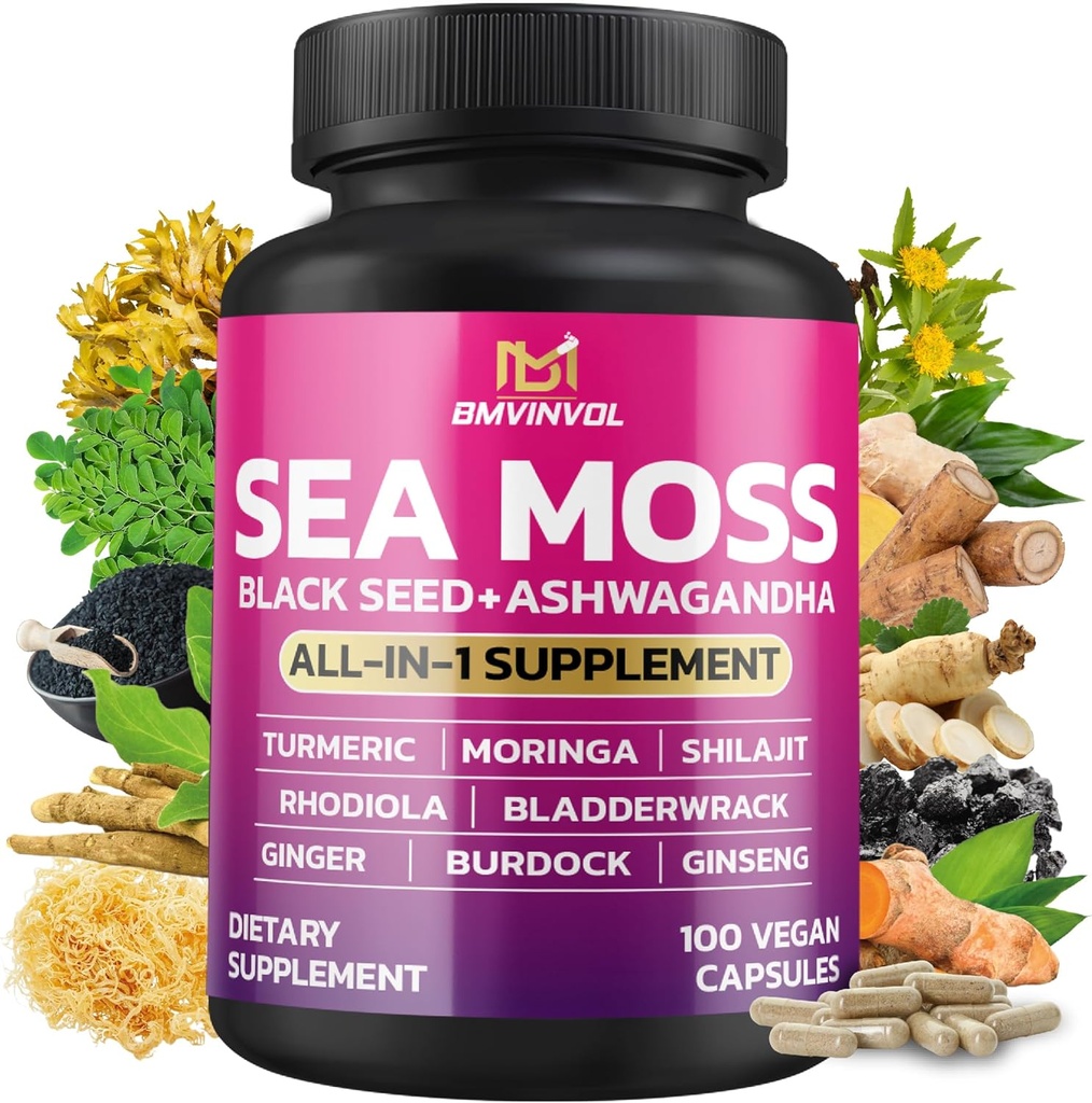 BMVINVOL Sea Moss Black Seed Shilajit Ashwagandha + Bladderwrack, Ginger, Moringa, Turmeric, Burdock, BTC, Rhodiola Rosea - 100 Capsules