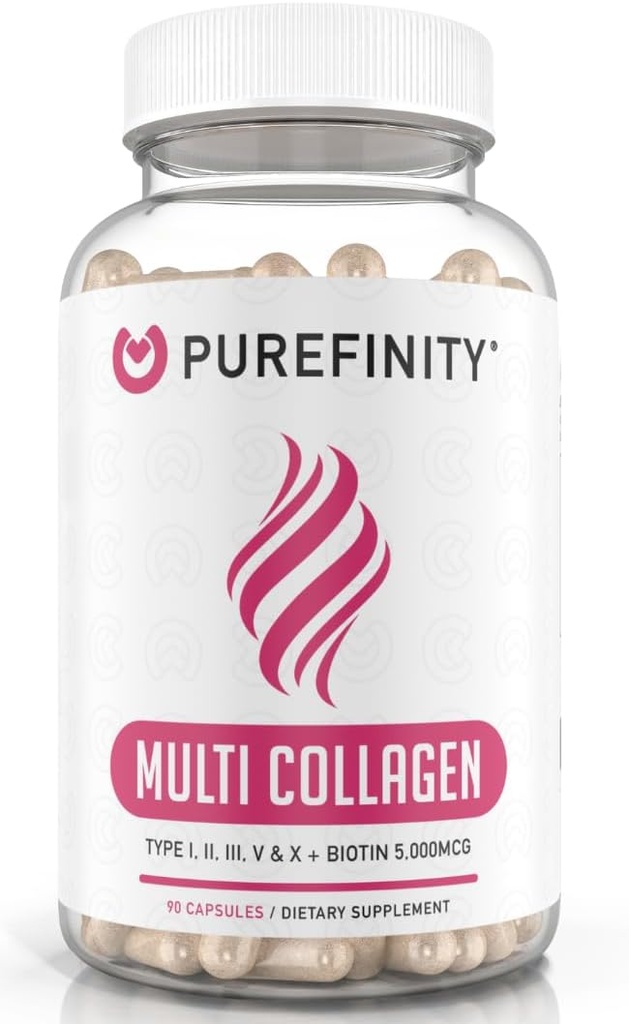 PUREFIN Collagen Peptides for Women – Type I, II, III, V & X with Biotin & Hyaluronic Acid, Supports Health Skin, Bones, Hair & Nails – Non-GMO, Grass-Fed (90 Capsules, 1 Ay Supply)