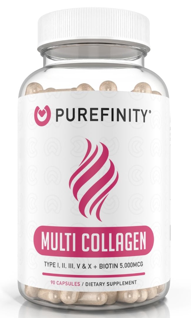PUREFIN Collagen Peptides for Women – Type I, II, III, V & X with Biotin & Hyaluronic Acid, Supports Health Skin, Bones, Hair & Nails – Non-GMO, Grass-Fed (90 Capsules, 1 Ay Supply)