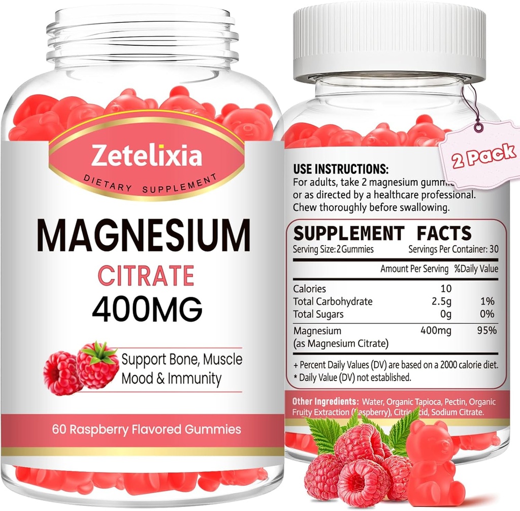 2 Συσκευασία Μαγνήσιο Κιτρικό Gummys 400MG, Υψηλή Απορρόφηση Μαγνήσιο Gummies για ενήλικες, τους μυς και τα δόντια Υποστήριξη, Vegan 120 Cts