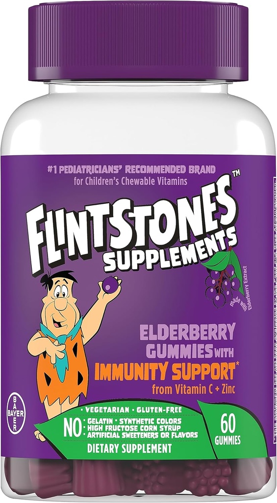 Flintstones Vitamins Elderberry Gummies for Kids with Immunity Support from C & çinko, Immune Support Gummies, Multivitamin for Kids, Gluten Free, 60 Count