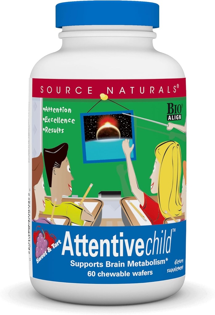 Source Naturals Attentive Child - Aktif Çocuklar için Sağlıklı Bilişsel Beslenmeler - DMAE ile geliştirilmiş Focus & Dikkat, Magnezyum, çinko & Grape Tohumu - 60 Chewable Wafers.