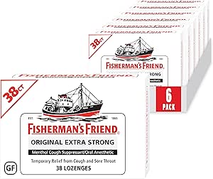 Fisherman's Friend Cough Drops, Cough Suppressant ve Sore Throat Lozenges, Original Ekstra Güçlü, 10 mg Menthol, 228 Drops (6 Packs of 38)