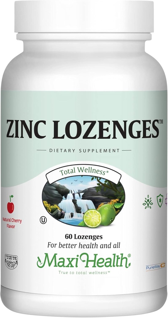 Maxi-Health Zinc Lozenges - Zinc Citrate 10mg - with Vitamin C - Cherry Flavor - 60 Chewables - Kosher