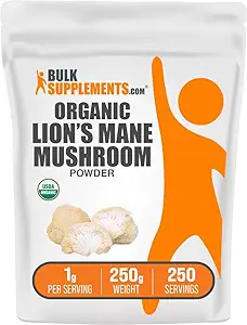 BulkSupplements.com Organik Lions Mane Mushroom Toz - Lions Mane Toz, Mushroom Supplement - Vegan & Gluten Free, 1g per Service, 250g (8.8 oz) (Pack of 1)