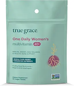 True Grace One Daily Women's Multivitamin 40+ Fermented Minerals, Organik Adaptogens & Mushrooms Energy, Immune, Bone Support - Non-GMO - Iron, Gluten & Soy Free - 90 Vegan Tabletler