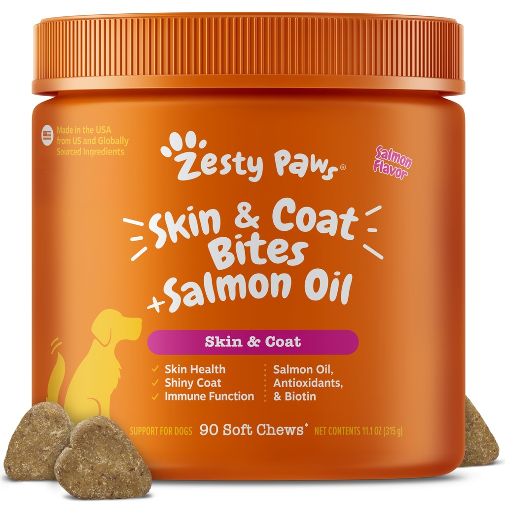 Köpekler için Zesty Paws Salmon Oil, Omega 3 Fish Oil Chews, Dog Antiute Chews, Itch Relief Supplement, 90 Count, Salmon Flavor