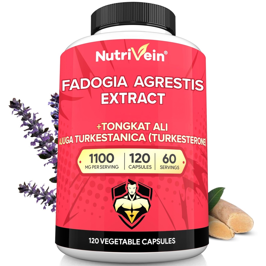 Nutrivein Premium Fadogia Agrestis ve Tongkat Ali Supplement ile Turkesterone - 1100 mg - 120 Caps - Performans, Güçlü ve Her yaştan Erkekler ve Kadınlar için Kurtarma