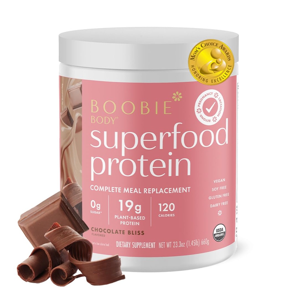 Boobie Body Superfood Protein ve Postpartum Meal Emekli Shake, Chocolate Bliss Flavor | 19g Protein | Lactation & Motherhood | Organik, Vegan, Zero Sugar, 1 Tub (20 Hizmet)