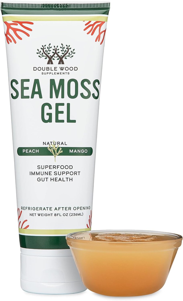 Sea Moss Gel (Organic, Raw, Wildcrated Irish Sea Moss) 8 Fl Oz of Peach Mango Flavored Seamoss Gel, 31 Day Supply (Superfood with Only 5 Calories Per Serving, 1 Gram Added Sugars) by Double Wood