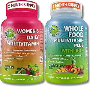 Vegan All Food Multivitamin with Iron & Women's Daily Multivitamin with Iron, Organic Superfoods, Probiyotiks & Digestive Enzymes Sche – Vegan, Non-GMO, Clean Daily Wellness Support