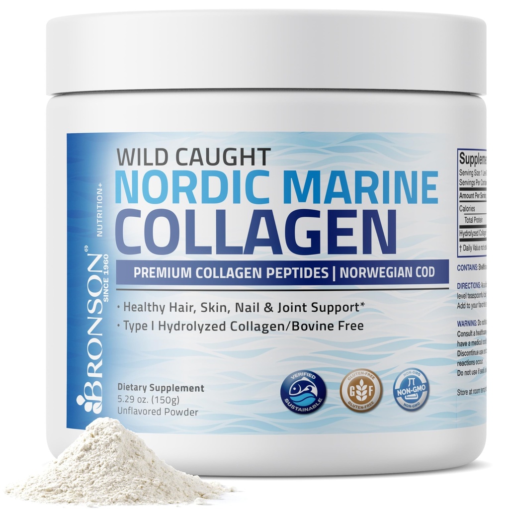 Bronson Marine Collagen Peptides Hydrolyzed Protein Powder 100% Wild Caught Nordic Cod Επαληθευμένος Αειφόρος Πηγή για αρθρώσεις Δερμάτινα Καρφιά & Οστά 150g (5.29oz)