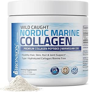 Bronson Marine Collagen Peptides Hydrolyzed Protein Powder 100% Wild Caught Nordic Cod Verified Sustainable Source for Joints Skin Hair Nails & Bones 150g (5.29oz)