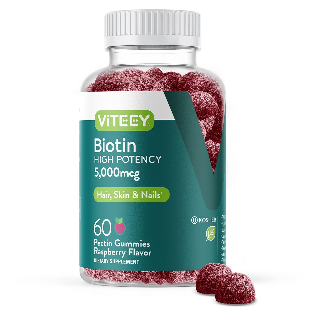 Saç Cilt ve Çiçeği için Viteey Biotin Gummies - Saç Büyüme Gummies için Biotin - 5000 mcg - Vegan, Gluten-Free, Non-GMO – 60 Kont