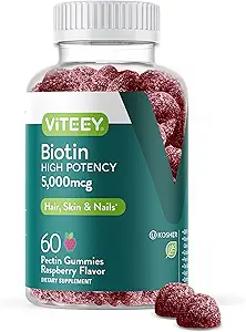 Viteey Biotin Gummies για το δέρμα των μαλλιών και τα νύχια - Βιοτίνη για την ανάπτυξη των μαλλιών Gummies - 5000 mcg - Vegan, χωρίς γλουτένη, μη GMO – 60 κόμης
