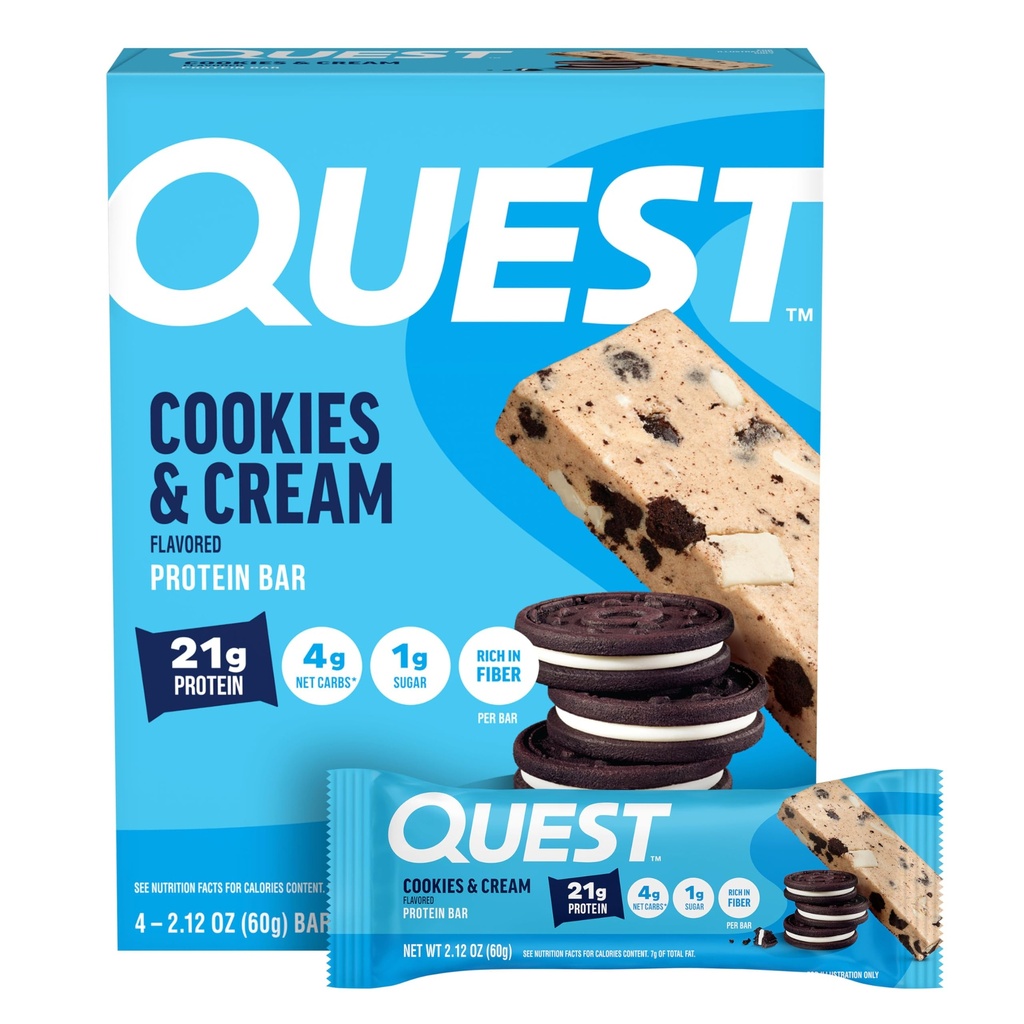 Quest Διατροφή Cookies & Cream Protein Bars, 21g πρωτεΐνη, 4g καθαρό υδατάνθρακες, 1g ζάχαρη, χωρίς γλουτένη, Keto φιλικό, 4 μέτρα