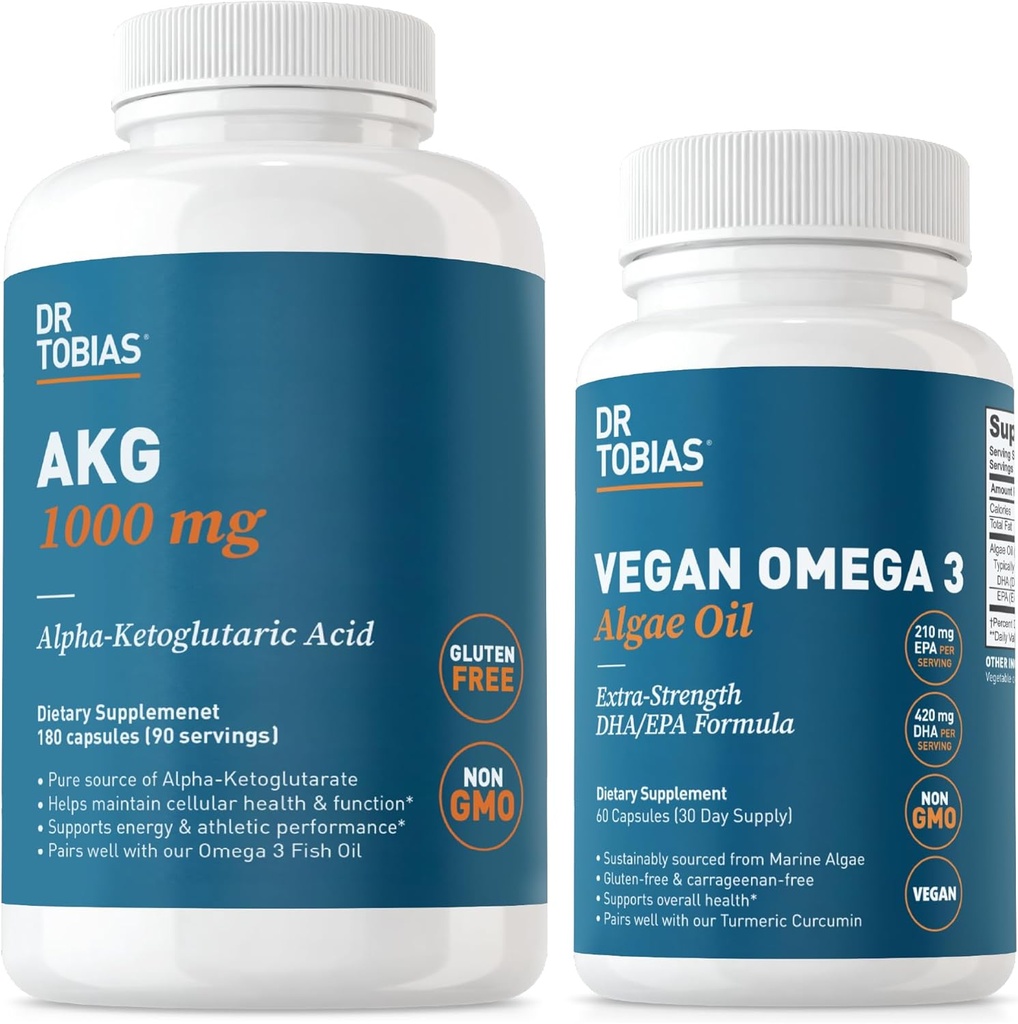 Dr. Tobias AKG Supplement & Vegan Omega 3 Algae Oil, AKG, EPA & DHA, Vegan, Gluten-Free, Non-GMO