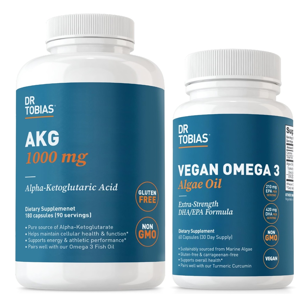 Dr. Tobias AKG Supplement & Vegan Omega 3 Algae Oil, AKG, EPA & DHA, Vegan, Gluten-Free, Non-GMO